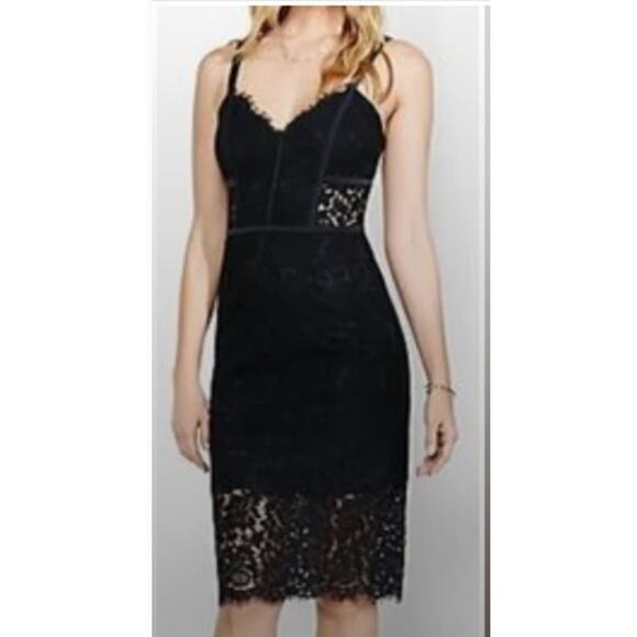 Express Black Lace Pencil Sexy Spaghetti Strap Corset Knee Length Dress Size 2 - Picture 1 of 7